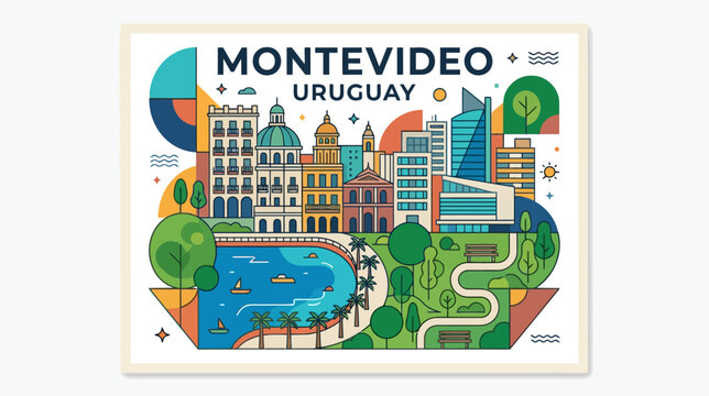 Colorful Artistic Illustration Depicting Montevideo Uruguay with Landmarks and Natural Scenery in a Modern Flat Style