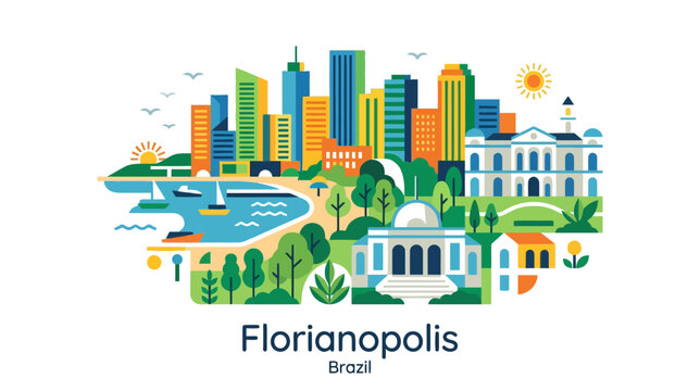 Vibrant cityscape of Florianopolis with modern skyscrapers, lush parks, historic architecture, waterfront vistas, and sunny
