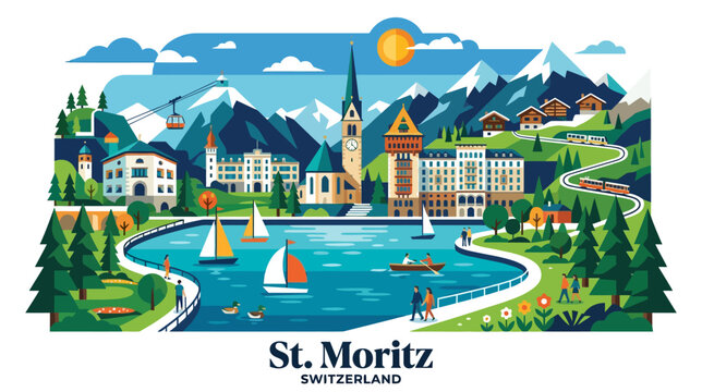 Colorful illustrated landscape of St Moritz in Switzerland featuring mountains lake and vibrant community scenes