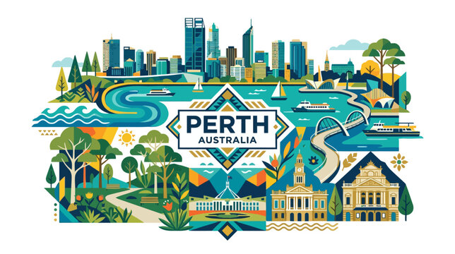 Vibrant illustrated depiction of perth australia showcasing urban skyline lush parks and iconic landmarks in a colorful detailed