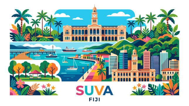 Vibrant tropical cityscape of Suva Fiji featuring lush greenery and historic architecture with bustling waterfront and modern