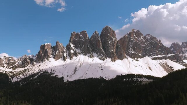 Malga Zannes looking at the Odle peaks in Puez-Geisler park. Wide dolomites aerial view, South Tyrol
