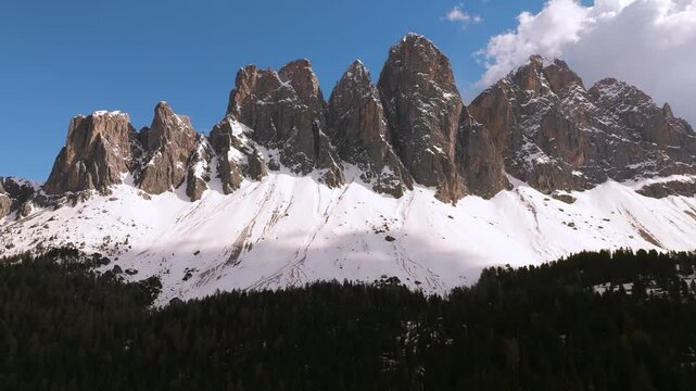 Steep vertical formations of the Odle massif, Dolomites, South Tyrol, with Furchetta and Sass Rigais mountains.
