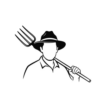 Farmer with Pitchfork Emblem Vector Illustration