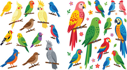 Obraz premium Colorful Bird and Parrot Collection – Cockatoo, Lovebird, Macaw and Songbird Set with Flowers
