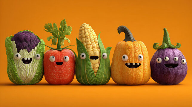 Cute cartoon vegetables with happy faces on orange background