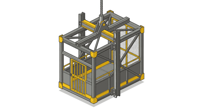 Industrial yellow safety cage lift platform for material handling and maintenance.