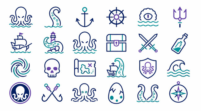 Collection of pirate and nautical themed icons.