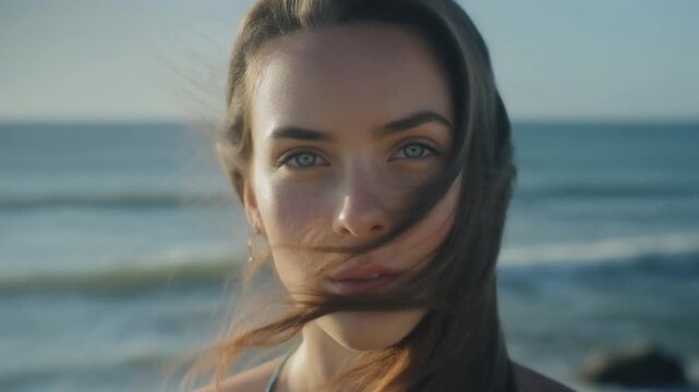 Serene Portrait of a Beautiful Young Woman with Long Flowing Hair Standing by the Calm Ocean Coastline at Sunset