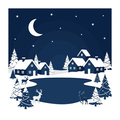 Naklejka premium Winter Village Scene with Moon and Stars