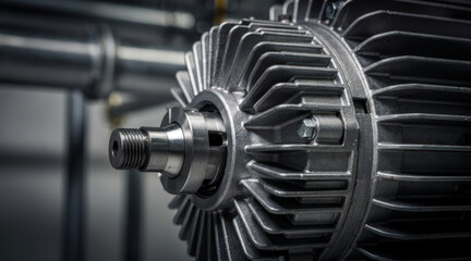 Fototapeta premium Close-up of an industrial electric motor with metal casing shaft and fins