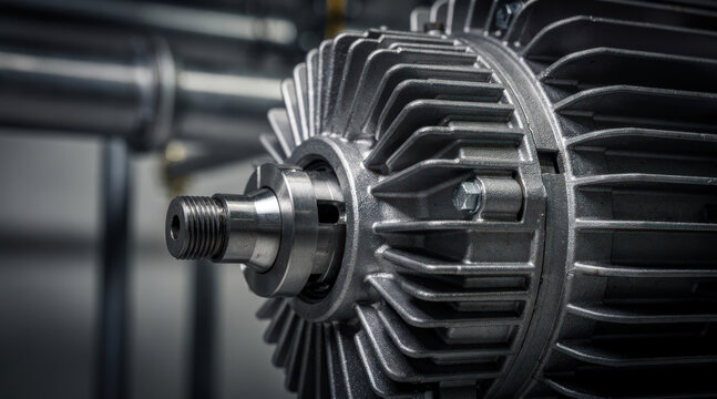 Close-up of an industrial electric motor with metal casing shaft and fins