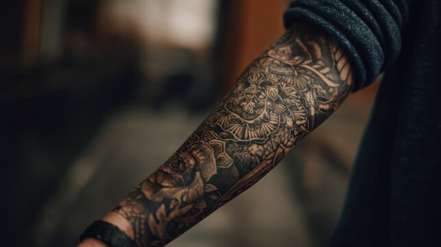 Detailed floral arm sleeve tattoo.