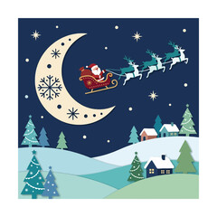 Fototapeta premium Santa Claus flying in sleigh with reindeer over snowy village moon night