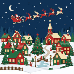Fototapeta premium Santa Claus flying sleigh over snowy village, Christmas scene