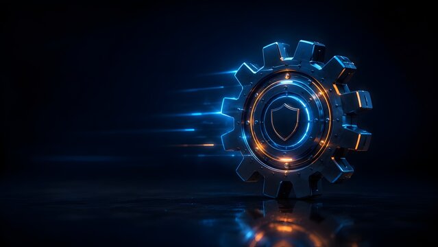 Metallic mechanical gear wheel enclosing a glowing blue security shield icon in fast motion representing automated cyber protection and secure technology infrastructure