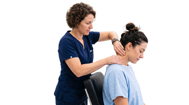 Female Physiotherapist Treating Patient's Neck Pain with Manual Therapy Isolated on Transparent Background