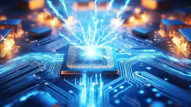 Advanced microprocessor chip glowing on a blue digital circuit board.