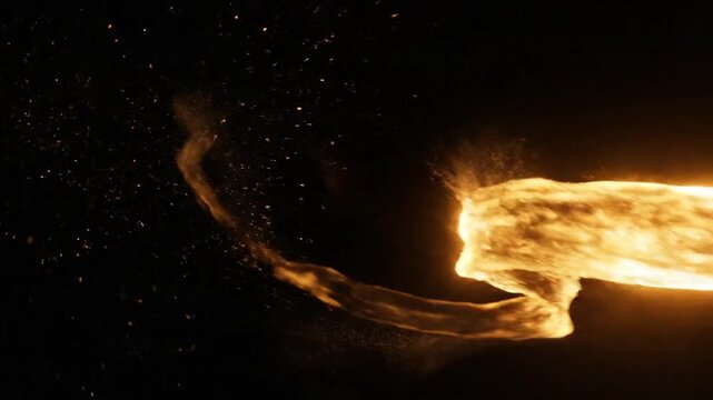 A blazing comet streaks across the dark starry night sky with flames trailing behind.