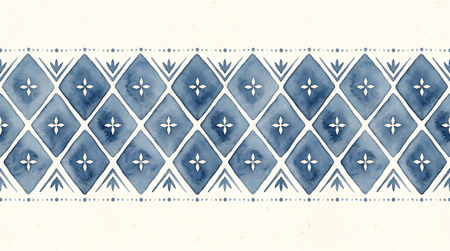 Blue diamond watercolor pattern border with white floral accents