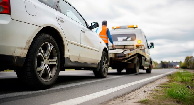 A white car being towed by a tow truck on the side of a road with a person in a safety vest.