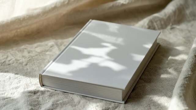 Blank white book mockup with natural shadows on light textured linen fabric