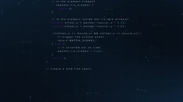 Complex software code on dark futuristic technology background screen