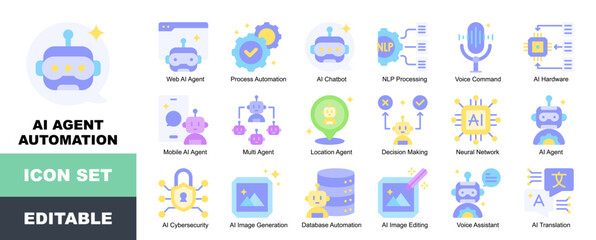 Naklejka premium AI Agent Automation Icon Pack Featuring Process Automation, NLP Processing, Voice Command, Multi Agent, Neural Network, Image Generation, Image Editing, AI Translation