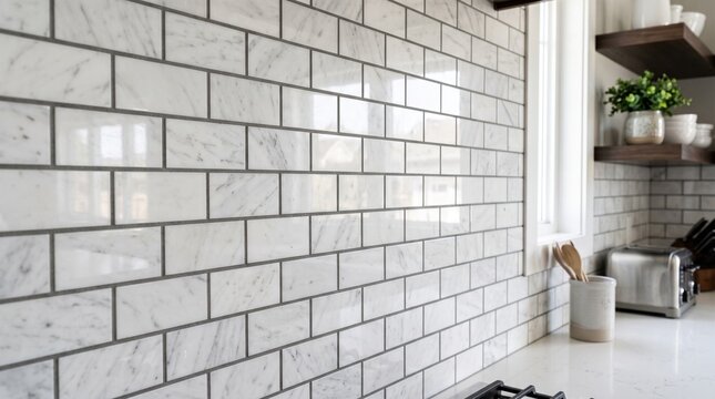 Contemporary white marble subway tile kitchen backsplash with grey grouting backsplash interior countertop renovation construction minimalist residential cookhouse architectural finishing