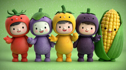 Fototapeta premium Cute Vegetable Characters Standing Together in a Line