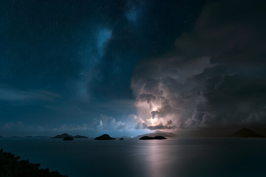 星空と雷雲の島夜景