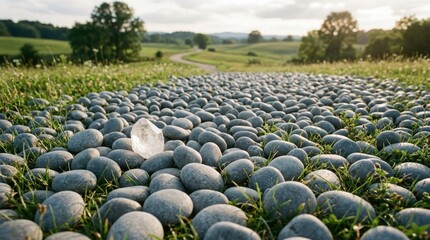 Obraz premium A glowing crystal stone sitting among smooth dark river rocks in a lush green meadow field on a bright summer day