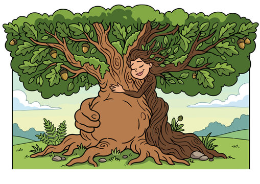 Cartoon illustration of a dryad woman hugging a magical tree in the forest