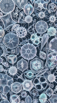 Microscopic view of diatom shells and radiolaria pattern background &mdash; macro abstract marine microorganisms illustration for scientific cosmetic design
