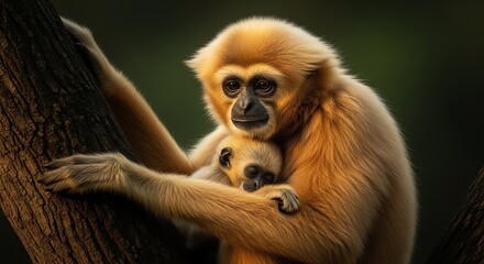 Fototapeta premium A heartwarming scene unfolds as a gentle mother gibbon tenderly embraces her adorable infant, both perched amidst the lush greenery of their natural arboreal habitat, showcasing a profound