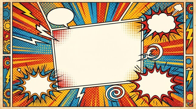 Retro comic book pop art background with vibrant dynamic bursts and speech bubbles 