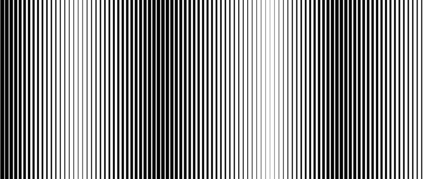 Black striped halftone gradient background. Thick to thin line gradation texture. Repeating parallel strip wallpaper for print, banner, poster. Vector fading vertical linear backdrop. Doppler concept