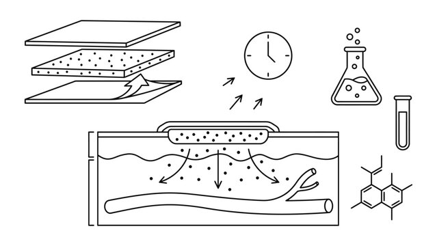 Scientific illustration showing transdermal drug delivery mechanism and chemical structure.