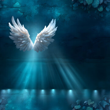 seamless patterns Peaceful white angel wing in heavenly blue light for memorial