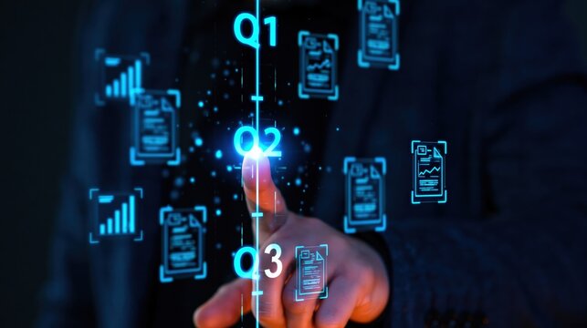 Business professional using digital hologram technology for quarterly finance data