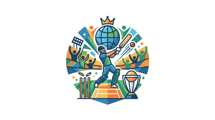 Fototapeta premium Colorful cricket player illustration with global theme.