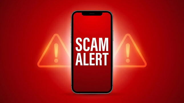 Smartphone screen white text s c a m a l e r t on red background with warning signs display technology