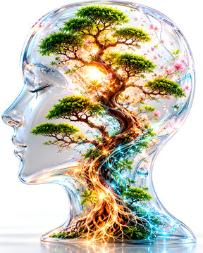 Transparent human profile containing a flourishing bonsai tree with glowing roots and branches, symbolizing consciousness, growth, creativity, wisdom, and the connection between mind and nature.