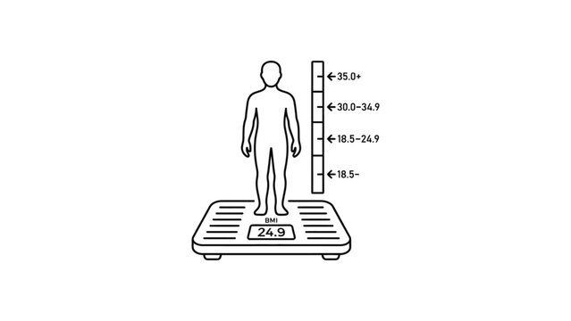Minimalist line art illustration of a person standing on a weight scale with BMI chart indicator.