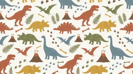 Fototapeta premium Seamless dinosaur pattern with tyrannosaurus triceratops and volcanoes for kids