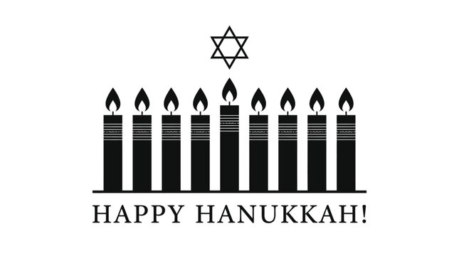 Minimalist black and white graphic illustration featuring a traditional menorah with nine lit candles and a star of david symbol for the celebration of hanukkah