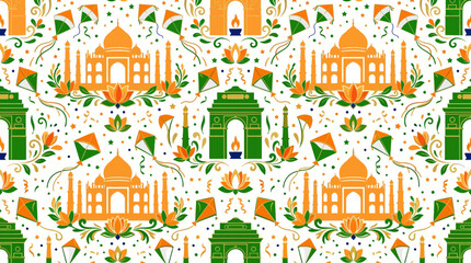 Naklejka premium Seamless vector pattern featuring traditional cultural monuments kites and lotus flowers