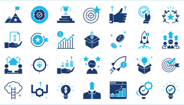 A set of  icons related to success. Win, innovate, startup, business, growth, medal, money, prize, goal, surprise, and so on.