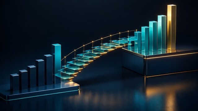 3D glass stairs bridging a gap between bar charts representing business growth financial success and overcoming market challenges.