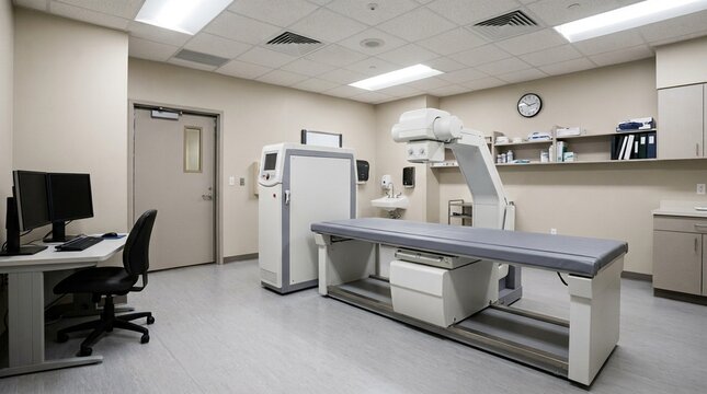 Bone density scanner DEXA machine in a hospital radiology room with the scanning arm positioned over the patient table - Healthcare and Hospital Stock Photo